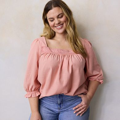 Plus Size LC Lauren Conrad Lace Trim Henley Square Neck Peasant Top