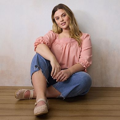 Plus Size LC Lauren Conrad Lace Trim Henley Square Neck Peasant Top