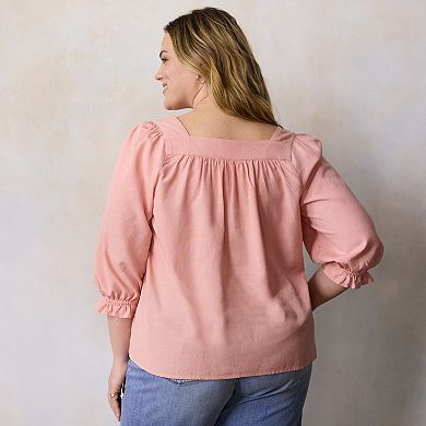 Plus Size LC Lauren Conrad Lace Trim Henley Square Neck Peasant Top