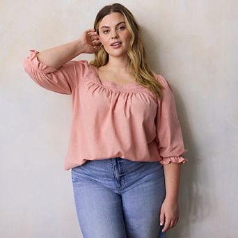 Plus Size LC Lauren Conrad Lace Trim Henley Square Neck Peasant Top