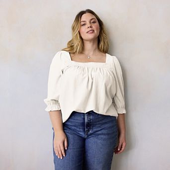 Plus Size LC Lauren Conrad Lace Trim Henley Square Neck Peasant Top