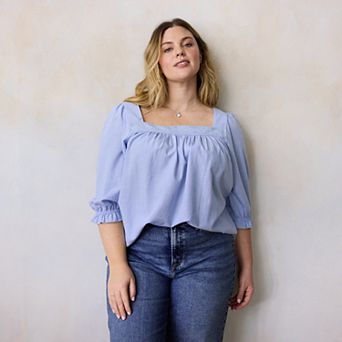 Plus Size LC Lauren Conrad Lace Trim Henley Square Neck Peasant Top