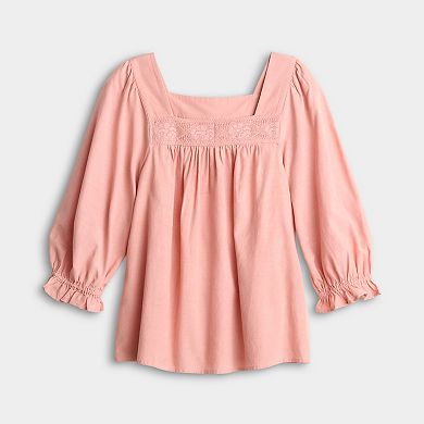 Petite LC Lauren Conrad Lace Trim Henley Square Neck Peasant Top