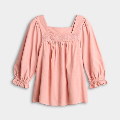 【LOHEN】SQUARE NECK COMPACT TOPS Petite LC Lauren Conrad Lace Trim Henley Square Neck Peasant Top