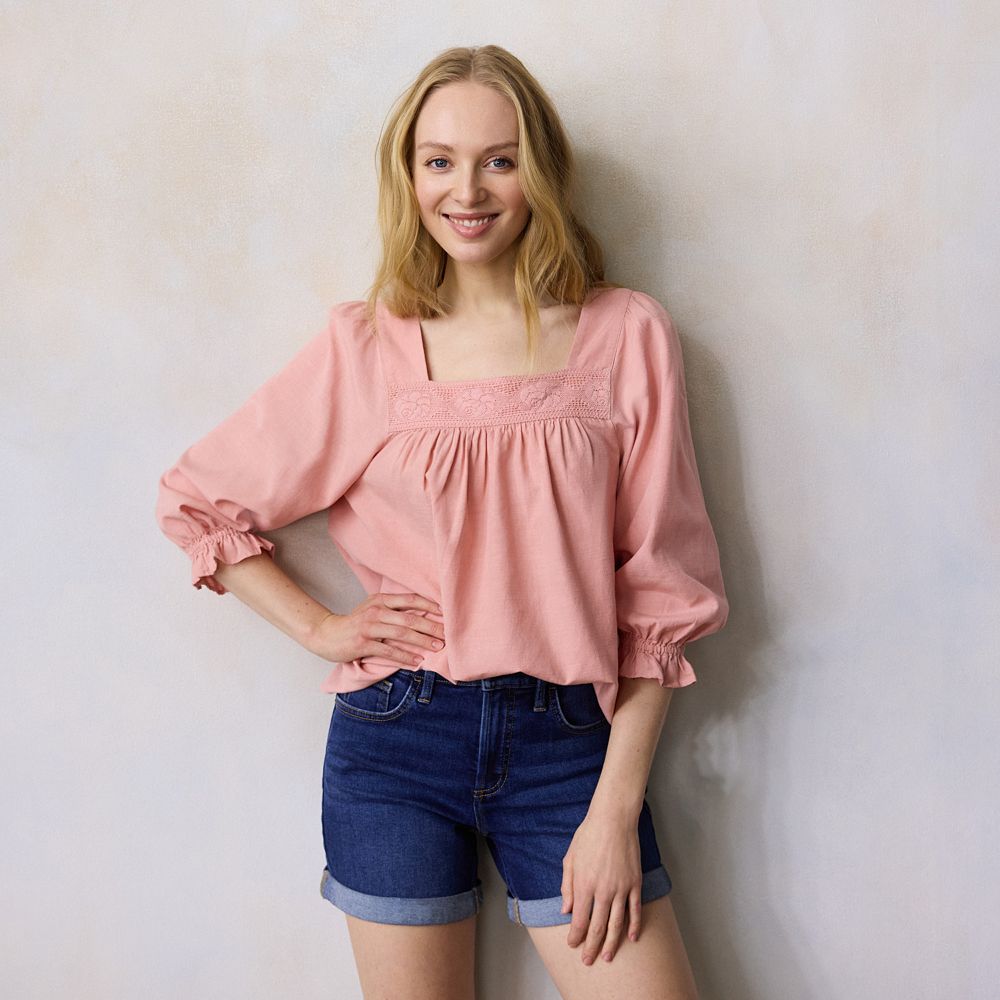 Petite LC Lauren Conrad Lace Trim Henley Square Neck Peasant Top