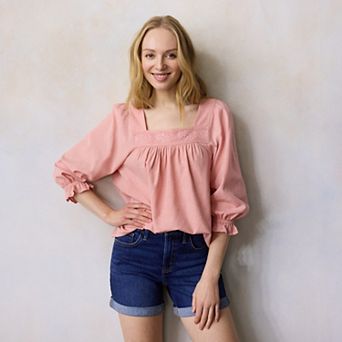 Petite LC Lauren Conrad Lace Trim Henley Square Neck Peasant Top