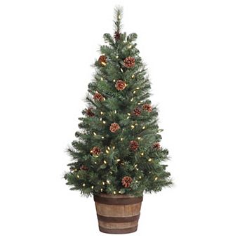 4 Ft Tall Whiskey Barrel Potted Christmas Tree with Soft White T5 LED Lights