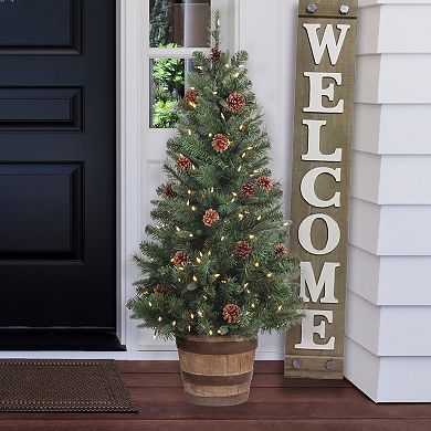 4 Ft Tall Whiskey Barrel Potted Christmas Tree with Soft White T5 LED Lights