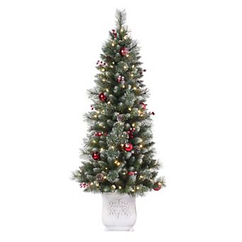 4.5 Ft Frosted Ithica Pine Potted Christmas Tree with 130 Soft White C3 LED Lights