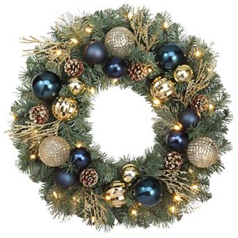 24 Inch Sutton Place Christmas Wreath with 30 Soft White LED Lights and Timer