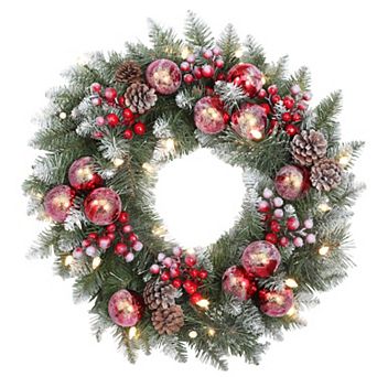 24 Inch Frosted Ithica Pine Wreath with 30 Soft White LED Lights and Timer