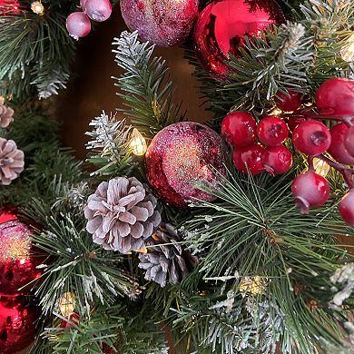 24 Inch Frosted Ithica Pine Wreath with 30 Soft White LED Lights and Timer