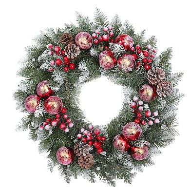 24 Inch Frosted Ithica Pine Wreath with 30 Soft White LED Lights and Timer