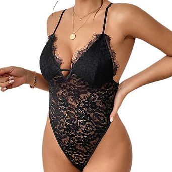 Women Floral Lace Bodysuit Deep V One Piece Cross Back Babydoll Teddy Bodysuit