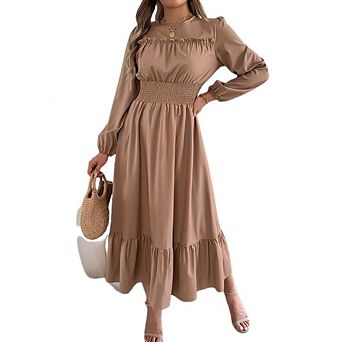 Womens Crew Neck A Line Flowy Maxi Dress High Waist Ruffled Bust Ruched Dress Lantern Sleeve Dress