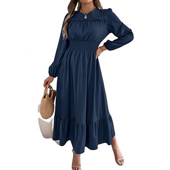 Womens Crew Neck A Line Flowy Maxi Dress High Waist Ruffled Bust Ruched Dress Lantern Sleeve Dress