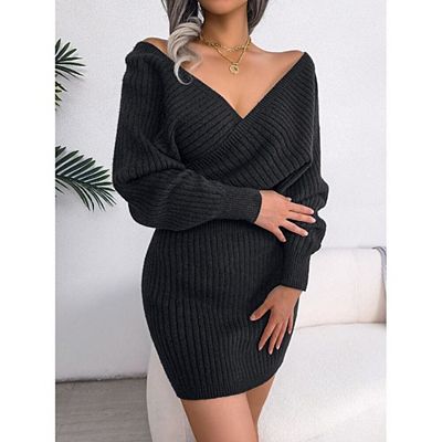 navy blue dress for baby girl Winter Sweater Womens Dresses V-neck Wrap Up Dress for Women Woman Clothing  Kore main image 1