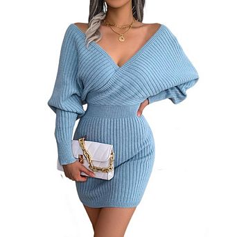 Womens Long Sleeve Sweater Dress V Neck Long Off The Shoulder Ribbed Knit Wrap Mini Dress