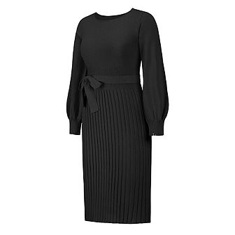Womens Casual Knit Dress Long Lantern Sleeve Fall Bodycon Dress Tie Waist Rib Knitted Sweater Dress