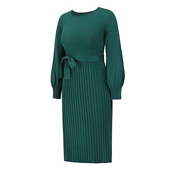 Womens Casual Knit Dress Long Lantern Sleeve Fall Bodycon Dress Tie Waist Rib Knitted Sweater Dress