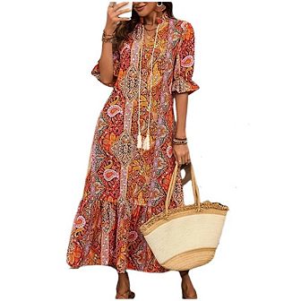 Womens Summer 3/4 Ruffle Sleeve V Neck Floral Print Casual Bohemian Midi Dresses For Beach
