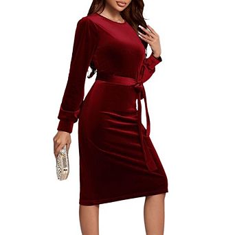 Womens Elegant Velvet Bodycon Midi Dress Long Sleeve Crew Neck Elastic High Waist Cocktail Dress