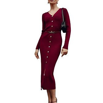 Women Long Sleeve V Neck Slit Sweater Dress Casual Lapel Button Up Slim Ribbed Knit Maxi Dresses