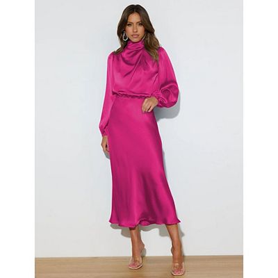 Women Mock Neck Satin Dress Summer Fall Long Sleeve High Waist Formal  Wedding Maxi Cocktail Dresses