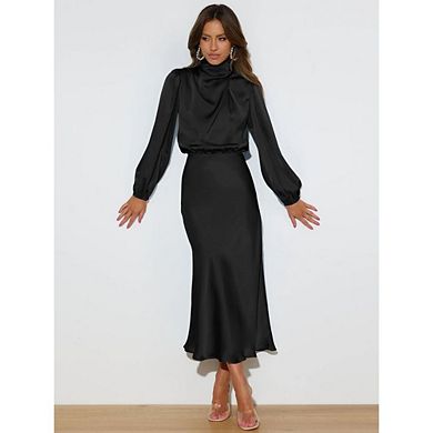 Women Mock Neck Satin Dress Summer Fall Long Sleeve High Waist Formal Wedding Maxi Cocktail Dresses