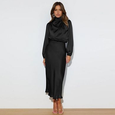 Women Mock Neck Satin Dress Summer Fall Long Sleeve High Waist Formal Wedding Maxi Cocktail Dresses