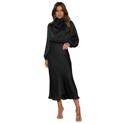 Women Mock Neck Satin Dress Summer Fall Long Sleeve High Waist Formal  Wedding Maxi Cocktail Dresses