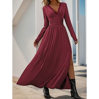 Women Deep V Neck Long Sleeve Slit Elegant Formal Wedding Guest Cocktail Prom Maxi Long Dress