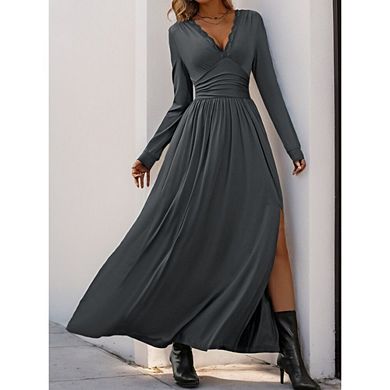 Women Deep V Neck Long Sleeve Slit Elegant Formal Wedding Guest Cocktail Prom Maxi Long Dress