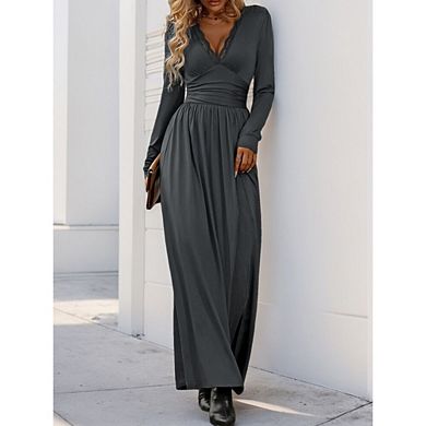 Women Deep V Neck Long Sleeve Slit Elegant Formal Wedding Guest Cocktail Prom Maxi Long Dress