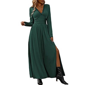 Women Deep V Neck Long Sleeve Slit Elegant Formal Wedding Guest Cocktail Prom Maxi Long Dress