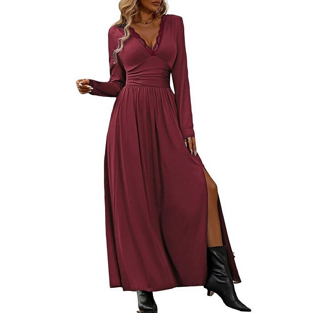 strapless open back dress Women's Long Sleeve Deep Red Velvet Maxi Dress