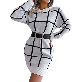 Women Sweater Dresses Casual Long Sleeve Vintage Block Pullover Knitted Dress Loose Midi Dress