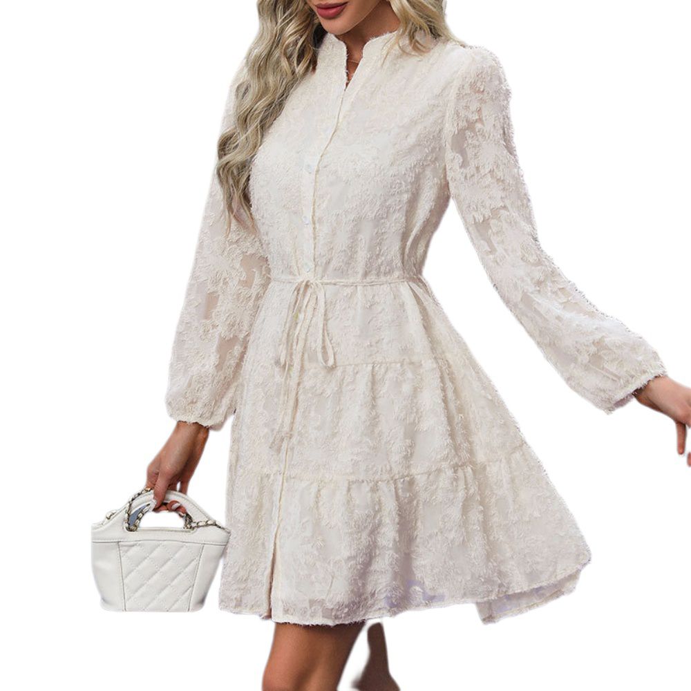 Женские платья Women Elegant V Neck Lace Peasant Sleeve Mini Dress Elastic High Waist A Line Casual Babydoll Dress