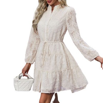 Women Elegant V Neck Lace Peasant Sleeve Mini Dress Elastic High Waist A  Line Casual Babydoll Dress