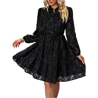 Women Elegant V Neck Lace Peasant Sleeve Mini Dress Elastic High Waist A Line Casual Babydoll Dress