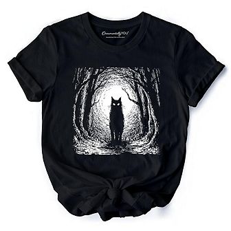 Haunted Forest Black Cat T-Shirt, Spooky Halloween Night Tee