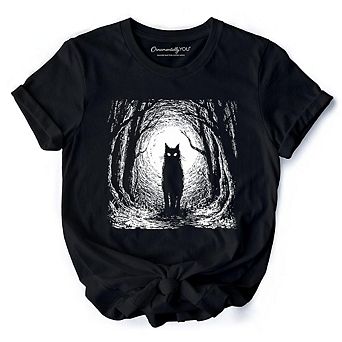 Haunted Forest Black Cat T-Shirt, Spooky Halloween Night Tee