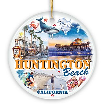 Huntington Beach Heritage Ornament, California Surf Culture Christmas Souvenir and Gift (Circle)