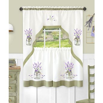 Kate Aurora Montauk Accents Lavender Floral Complete 3 pc Kitchen Curtain Tier and Valance Set
