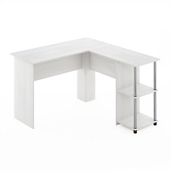 Furinno L-Shape Computer Desk with Stainless Steel Tubes Bookshelf for Office, White