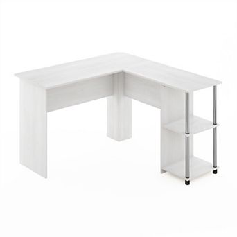 Furinno L-Shape Computer Desk with Stainless Steel Tubes Bookshelf for Office, White