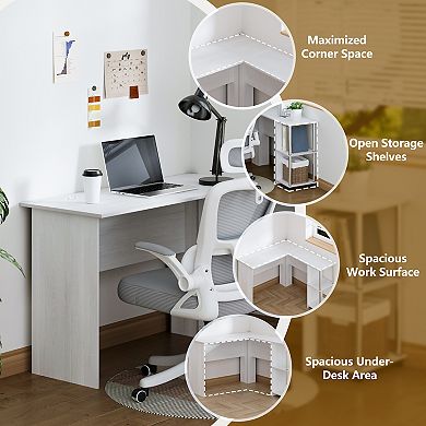 Furinno L-Shape Computer Desk with Stainless Steel Tubes Bookshelf for Office, White