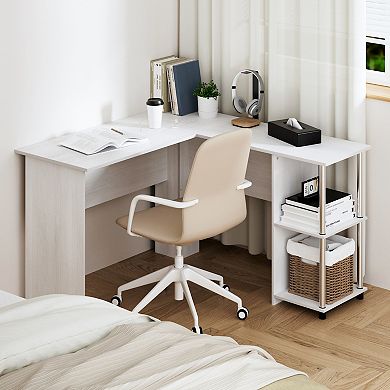 Furinno L-Shape Computer Desk with Stainless Steel Tubes Bookshelf for Office, White