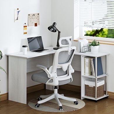 Furinno L-Shape Computer Desk with Stainless Steel Tubes Bookshelf for Office, White