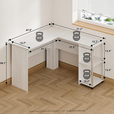Furinno L-Shape Computer Desk with Stainless Steel Tubes Bookshelf for Office, White